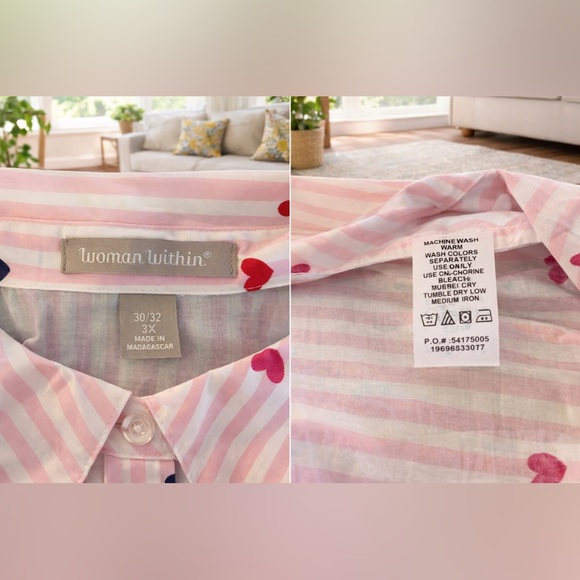 Woman Within Pink Short-Sleeve Button-Down Shirt with Red & Blue Heart Print 3X - Picture 3 of 5